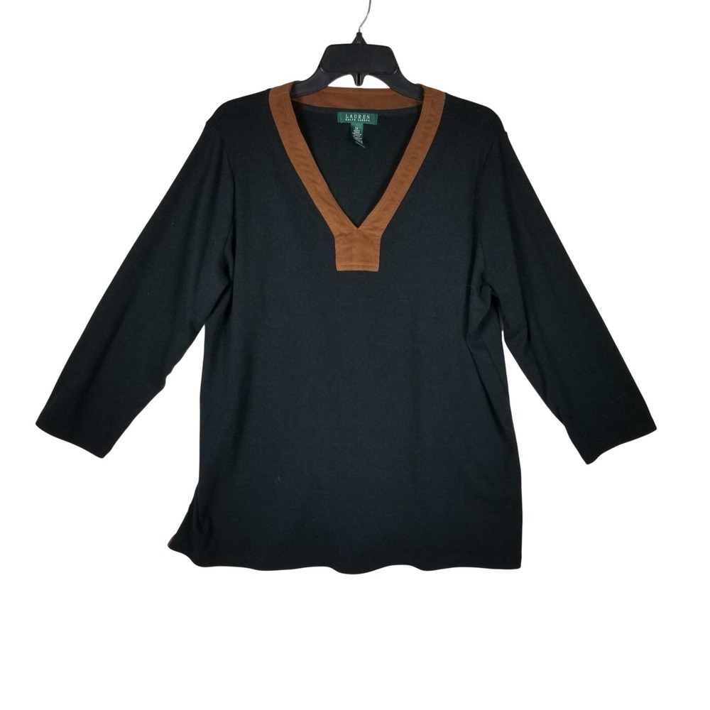 Lauren Ralph Lauren Knit Top Women 2X Black Brown Suede Trim V-Neck 3/4 Sleeve